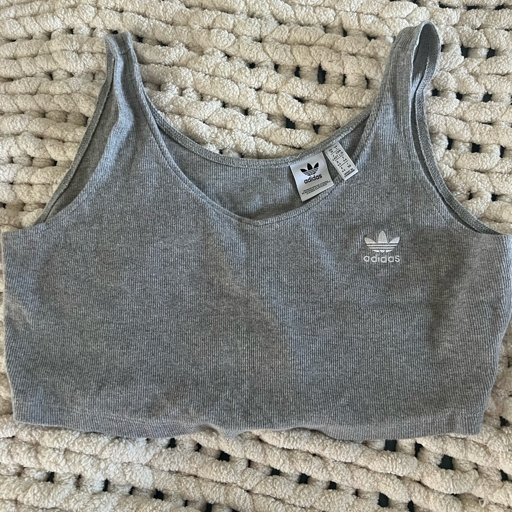 Adidas Trefoil Embroidered Gray Ribbed Cropped Tank